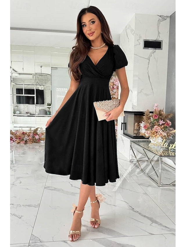 Women's Elegant V Neck Short Sleeve Midi Dress