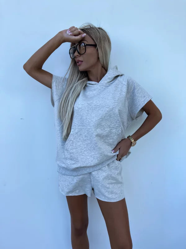 Casual hooded sweatshirt shorts two-piece set