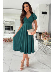 Women's Elegant V Neck Short Sleeve Midi Dress