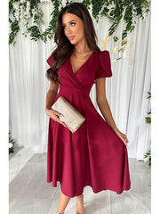 Women's Elegant V Neck Short Sleeve Midi Dress