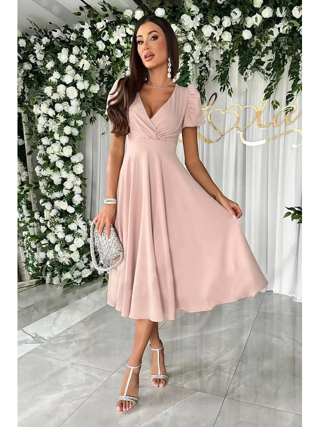 Women's Elegant V Neck Short Sleeve Midi Dress