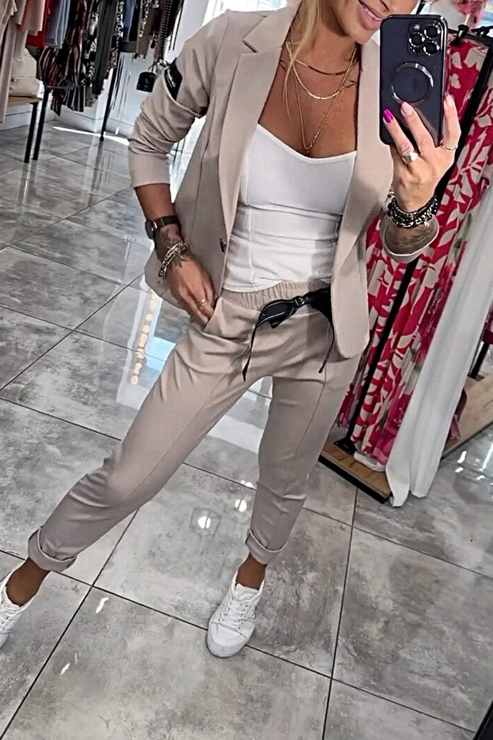 Set de top de damă, din două piese, cu jachetă și pantaloni elastici